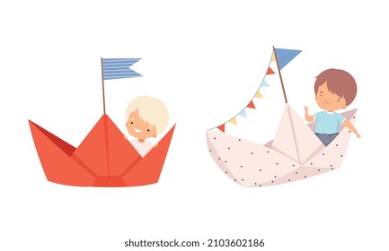 Cute Smiling Kid Sailing on Paper Boat with Flag and Garland Vector Set