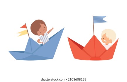 Cute Smiling Kid Sailing on Paper Boat with Flag Vector Set