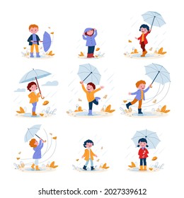 Cute smiling kids with umbrellas in rubber boots in the rain. Set of vector illustrations in flat cartoon style.