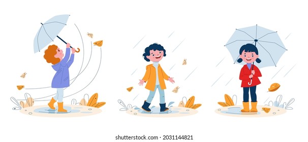 Cute smiling kids with umbrellas in rubber boots in the rain. Set of vector illustrations in flat cartoon style.