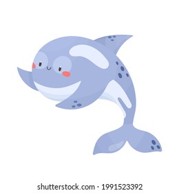 Cute smiling killer whale isolated on white background. Cartoon style vector illustration. Sea animal, underwater wildlife. Adorable character for kids, nursery, print

