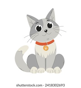 Un lindo gatito sonriente en un collar. El gato está sentado con patas dobladas. Ilustración vectorial de caricatura plana aislada en un fondo blanco.