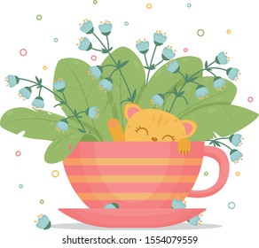 cute smiling kitten in a red cup with yellow stripes in flowers and leaves for illustrations, posters, postcards