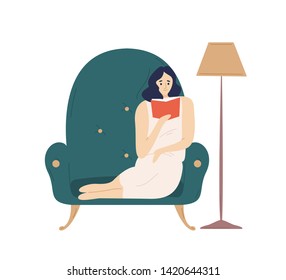 Cute smiling lady sitting in comfy armchair and reading fiction book. Adorable young woman spending weekend at home. Leisure activity, repose and relaxation. Flat cartoon colorful vector illustration.