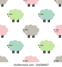 Cute smiling lambs seamless pattern on white background. Vector baby sheep illustration for kids holidays. Bright baby shower vector background. Child drawing style sheep.