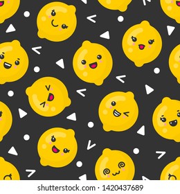 Cute smiling lemon fruits, vector seamless pattern on dark background. Best for textile, backdrop, wrapping paper