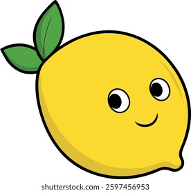 Cute smiling lemon with happy face and green leaves in cartoon style.