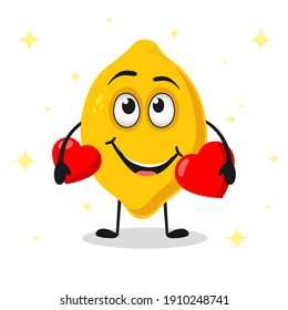 Un limón sonriente lindo con el corazón en las manos. Ilustración vectorial de los caracteres dibujados a mano. Tarjeta de San Valentín