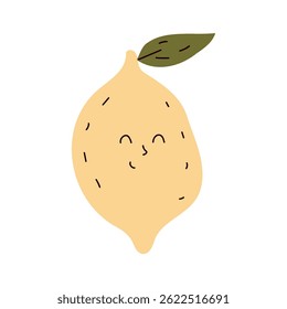 Cute smiling lemon illustration in flat cartoon style perfect for childrens prints, stickers, packaging, and digital designs