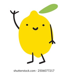 Cute smiling lemon waving. Flat design. Hand drawn illustration on white background.