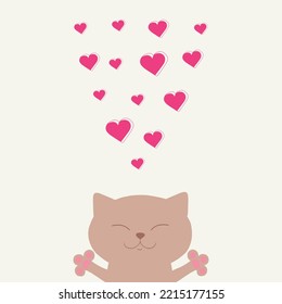 Cute smiling light brown cat gives hearts. Cat kitten kitty. Happy Valentines Day. Cute cartoon kawaii funny animal character head face. Flat design. Love card. Sticker print