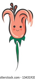 Cute smiling light pink lily flower on green branch vector illustration on white background 
