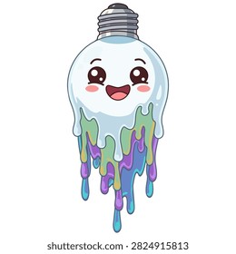 Cute smiling lightbulb mascot character with expressive eyes, featuring a colorful melting glass liquid effect on its lower body. This vibrant and surreal vector illustration visually symbolizes creative thinking, bright idea generation, artistic inspiration, flow state, out-of-the-box solution, and dynamic innovation.

Specially designed for creative agencies, design studios, tech startups, business pitch decks, presentation slides, marketing banners, branding campaigns, educational media, UI UX landing pages, and sticker collections. Presented as a high-resolution isolated object on a solid white background for seamless editing, quick backdrop removal, and easy integration into modern graphic layouts.