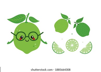 Cute smiling lime character with set, collection of sliced limes for food design.
