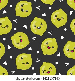 Cute smiling lime fruits, vector seamless pattern on dark background. Best for textile, backdrop, wrapping paper