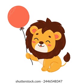 Cute smiling lion cub with a ball. Lion in flat style. Funny kids character. Wild animals.