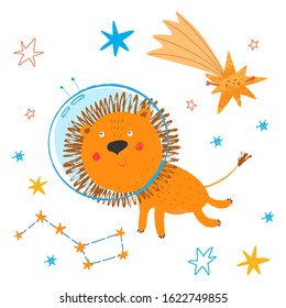 Cute smiling lion fly in open space. Print for kids. African animal in sky. Cosmos background. Stars, constellations and comet. Funny cartoon children illustration. Vector hand drawn clipart.