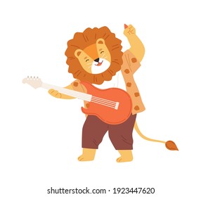 Cute smiling lion playing electric guitar. Happy animal musician performing music on musical instrument. Funny kids character. Colored flat vector illustration isolated on white background