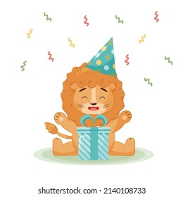 León sonriente lindo con sombrero presente y partidista, vector de niños Ilustración