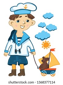Cute smiling little boy character wearing a sailors costume. playing toy boat colorful vector Illustration
