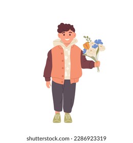 Cute smiling little boy character holding blooming bouquet of flowers in hand standing on white
