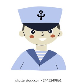 Lindo personaje sonriente de niño pequeño en traje de marineros. Ilustración vectorial de retrato de Pequeño niño capitán o marinero. Piel oscura de niño. 