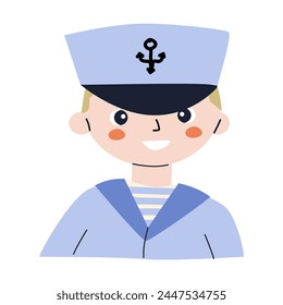 Lindo personaje sonriente de niño pequeño con un traje de marinero. Ilustración vectorial de retrato de Pequeño niño capitán o marinero. Se puede utilizar para el diseño náutico de la ducha del bebé, tarjeta de felicitación