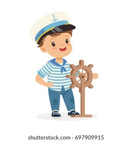 Cute smiling little boy character wearing a sailors costume holding steering wheel colorful vector Illustration