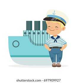 Cute smiling little boy character wearing a sailors costume standing next to a blue ship colorful vector Illustration