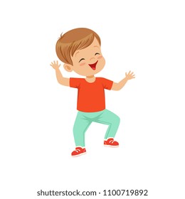 Cute smiling little boy dancing in casual clothes vector Illustration on a white background