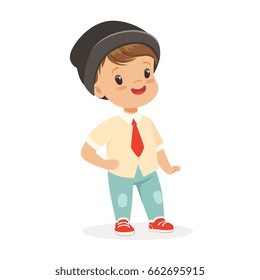 Cute smiling little boy dressed in fashion clothes and black hat colorful cartoon character vector Illustration