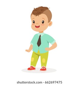 Cute smiling little boy dressed in fashion clothes colorful cartoon character vector Illustration