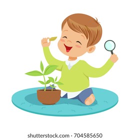 Cute smiling little boy examining a plant through a magnifying glass, preschool educational activities cartoon vector Illustration