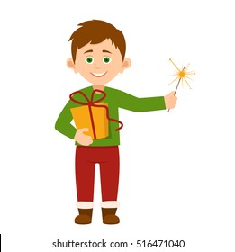 cute smiling little boy with a gift in hand holds burning Sparkler vector illustration on white background. vector character in elf costume holding a Sparkler and gift