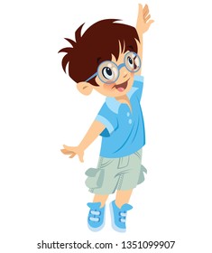 Cute smiling little boy with glasses trying to reach something while looking up