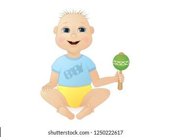 cute smiling little boy sitting with a rattle. cartoon character. isolated image. vector illustration.
