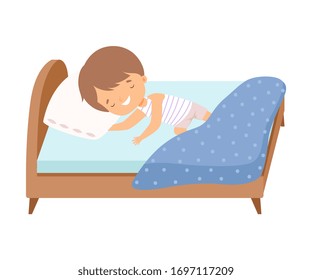 Cute Smiling Little Boy Sleeping Sweetly in His Bed Vector Illustration