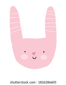 Cute Smiling Little Bunny Vector illustration. Wall Art with Kawaii Style Pink Rabbit Isolated on a White Background. Lovely Nursery Art Ideal for Decoration, Card, Poster.