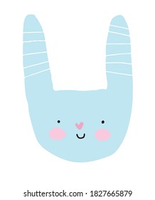 Cute Smiling Little Bunny Vector illustration. Wall Art with Kawaii Style Blue Rabbit Isolated on a White Background. Lovely Nursery Art Ideal for Decoration, Card, Poster.