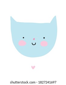 Cute Smiling Little Cat Vector illustration. Wall Art with Kawaii Style Blue Kitty Isolated on a White Background. Lovely Nursery Art Ideal for Decoration, Card, Poster.