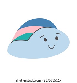 Cute smiling little cloud with rainbow crest. Kawaii blue happy cloudlet. Simple design for any purposes. Happy birthday, party, print, cover. Doodle vector illustration.