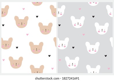 Pequeño Patrón De Vector De Coala Sintonizado Y Sonriente. Impresión simple con el estilo Kawaii Baby Coala y los corazones aislados en un fondo blanco y gris. Bonito Diseño De Woodland.