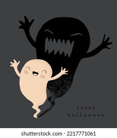 Cute Smiling Little Ghost and Big Scary Shadow Dark Gray Background  Funny Simple Halloween Vector Illustration  Grunge Hand Drawn Infantile Style Design  Black Handwritten 