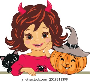 Cute smiling little girl with black cat and Halloween pumpkin. Vector