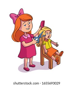 Cute smiling little girl combing and cutting doll hair. Child character standing isolated on white background. Toy sitting on wood chair. Fun and recreation. Happy childhood. Vector illustration