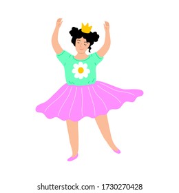 Cute smiling little girl with crown dancing in a pink skirt. Vector illustration in cartoon style.