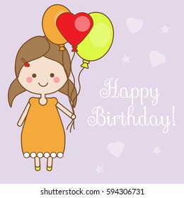 Cute smiling little girl holding balloons. Happy Birthday greeting card design template. Vector illustration