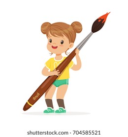 Cute smiling little girl holding giant paintbrush cartoon vector Illustration