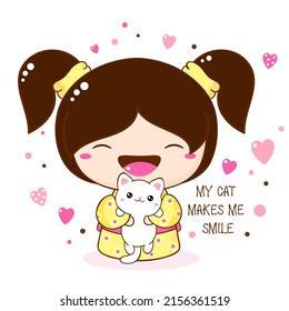 Cute smiling little girl with kitty in kawaii style. Japanese traditional toy kokeshi doll in kimono with white cat. Inscription My cat make me smile. Vector illustration EPS8  