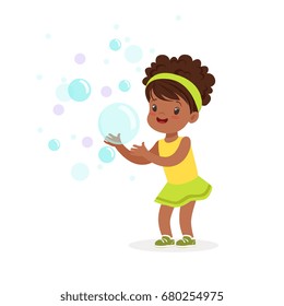 Cute smiling little girl playing bubbles vector Illustration